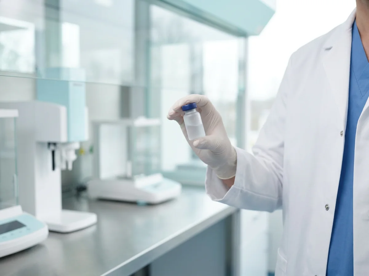 Pharmacist inspecting a compounded medication vial in a sterile laboratory