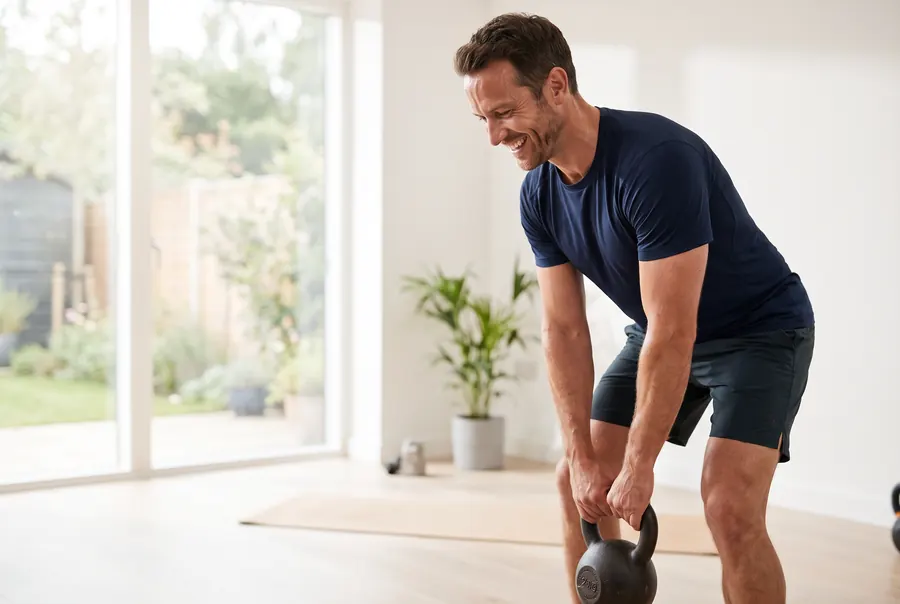 Hombre atlético sonriendo mientras levanta una pesa rusa en un gimnasio luminoso en casa