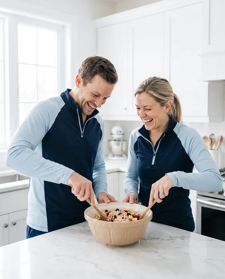 Couple in athletic wear laughing while preparing a fruit and oat breakfast bowl in a white kitchen