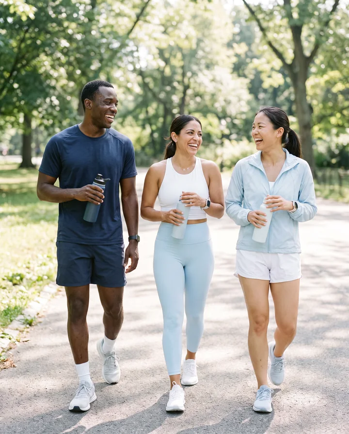 Three friends in athletic wear laughing together after a run in a sunny park