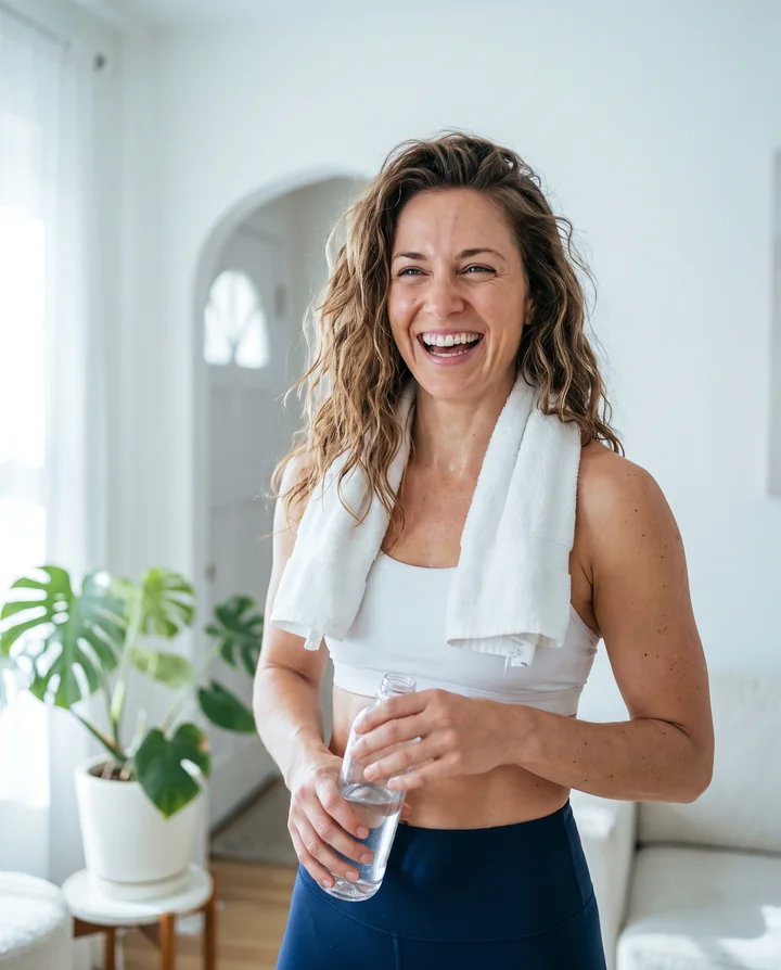 Fit woman laughing after a home workout, towel over her shoulders and a water bottle in hand
