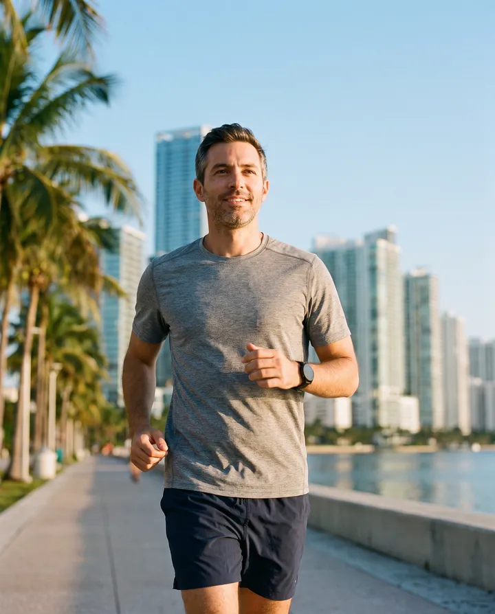 Hombre sonriendo mientras trota por un malecón soleado con palmeras y el horizonte de una ciudad