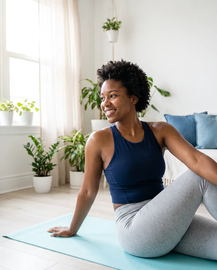 Mujer sonriendo durante un estiramiento suave sobre un tapete de yoga en casa