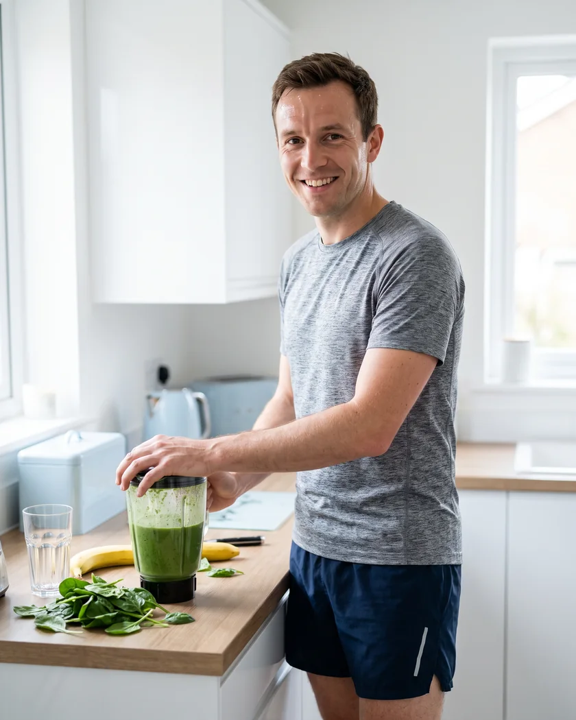 Athletic man making a green smoothie in a sunlit white kitchen after a morning run