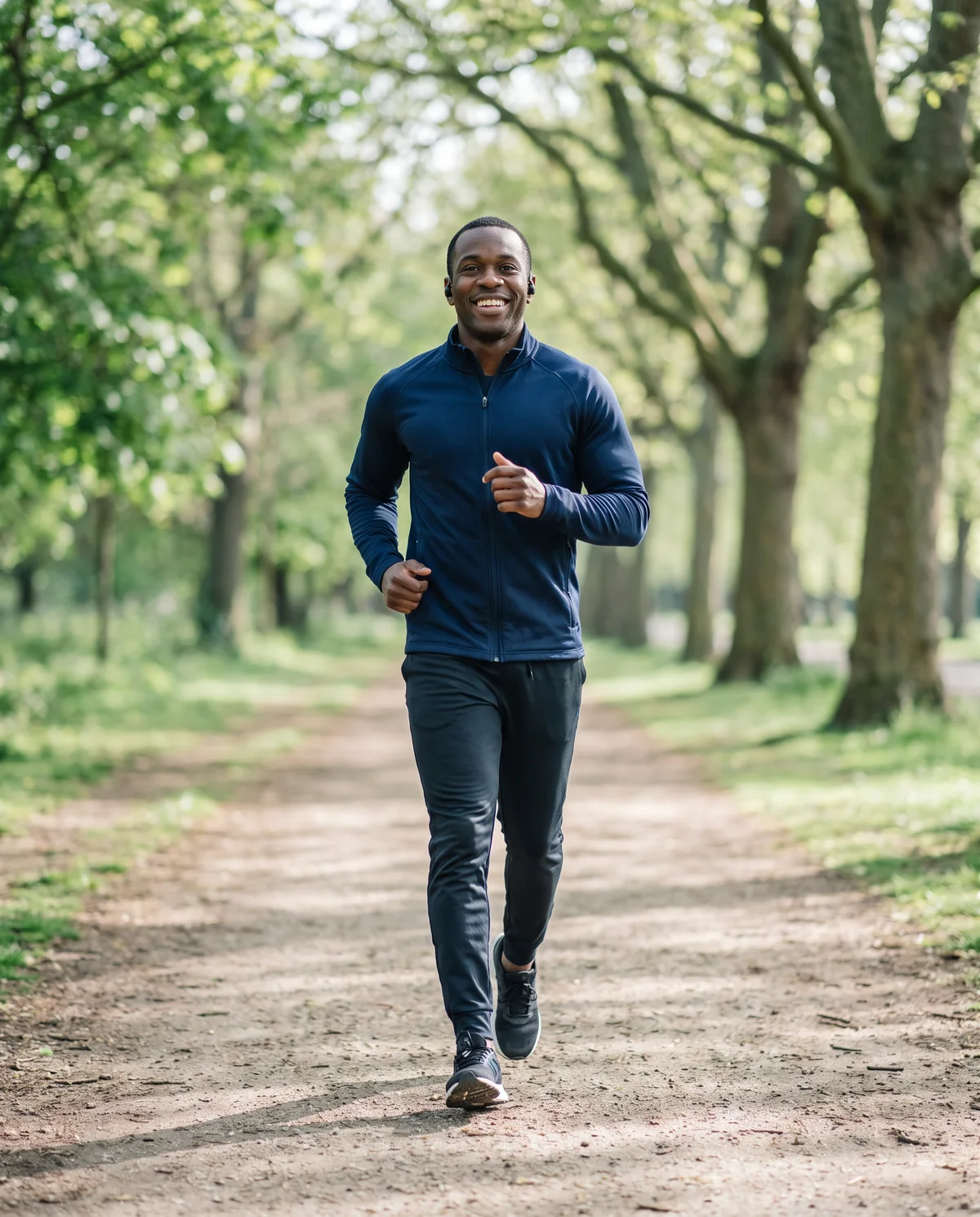 Man laughing on a morning walk through a park in autumn