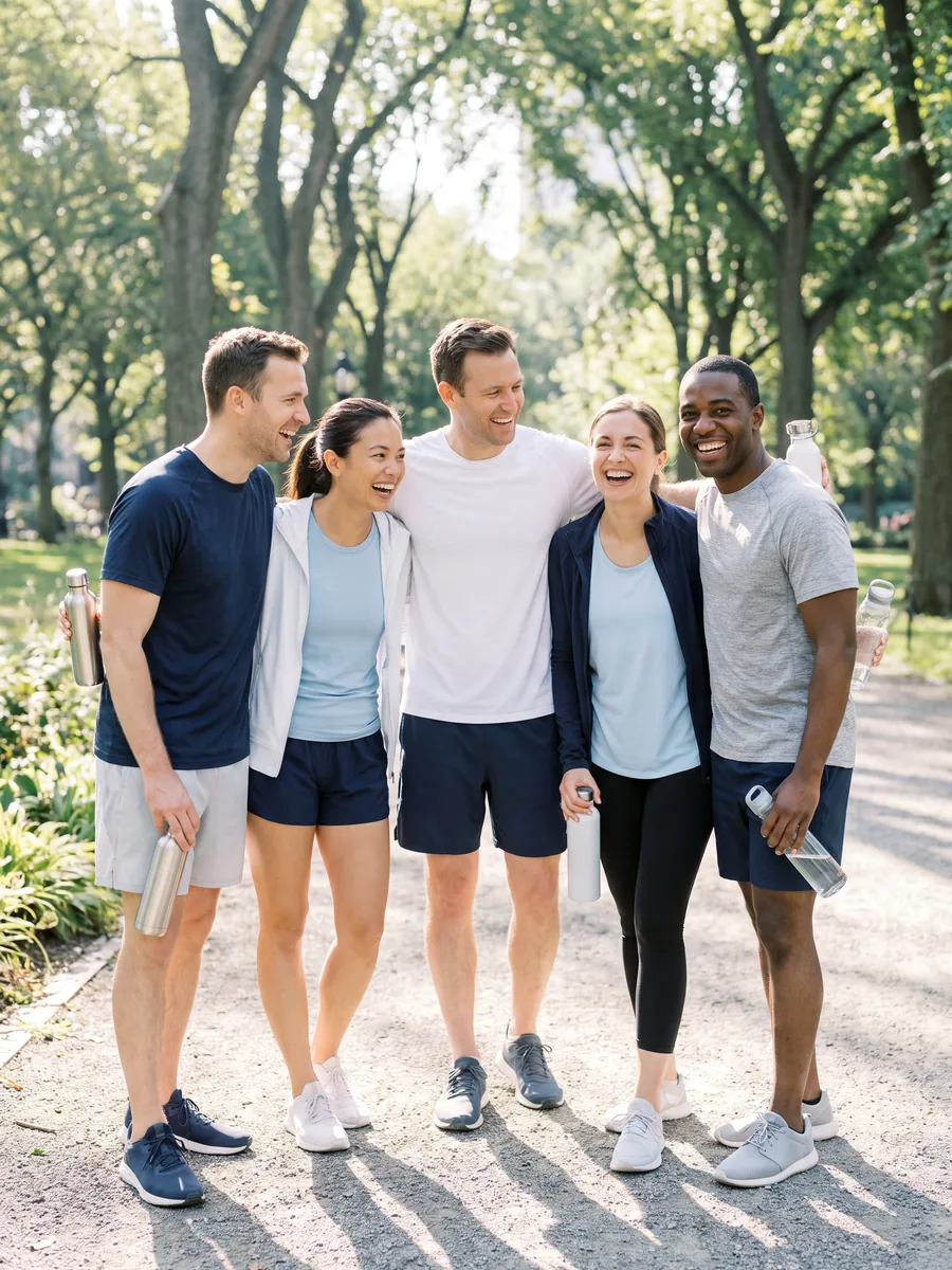 Cinco amigos con ropa deportiva riendo juntos después de correr en grupo por un parque soleado