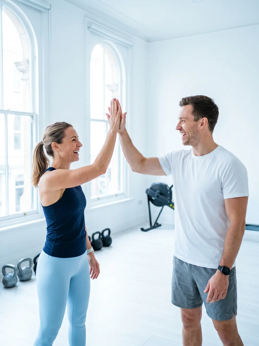 Mujer en forma y su entrenador chocando las manos en un estudio de entrenamiento luminoso