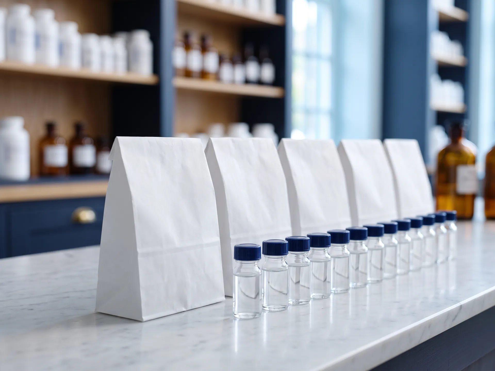 Sealed prescription bags and capped vials lined up on a pharmacy counter, ready for shipping