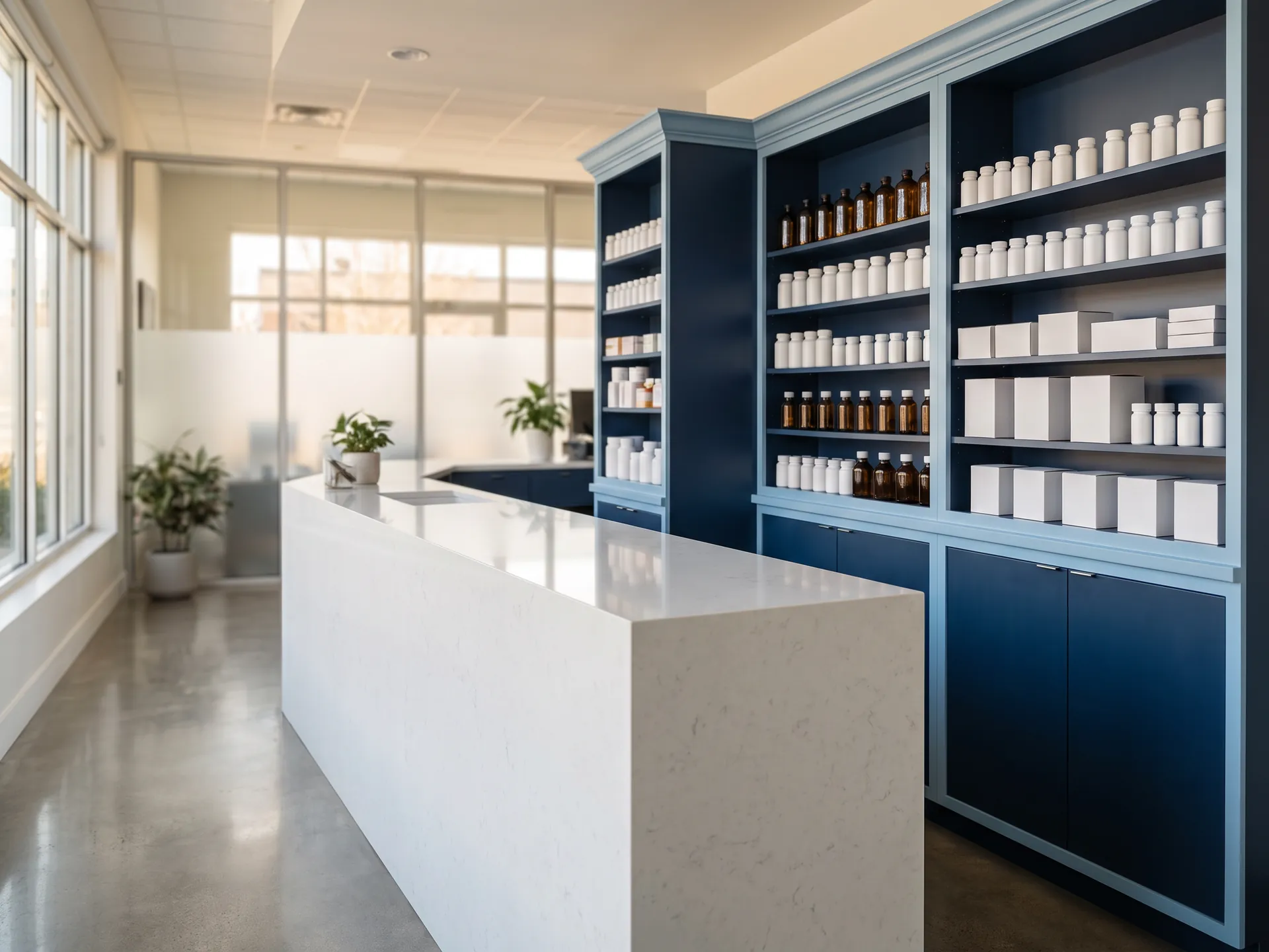 Farmacia luminosa y moderna con un mostrador de dispensación blanco y estantes azul marino llenos de frascos de medicamentos con receta