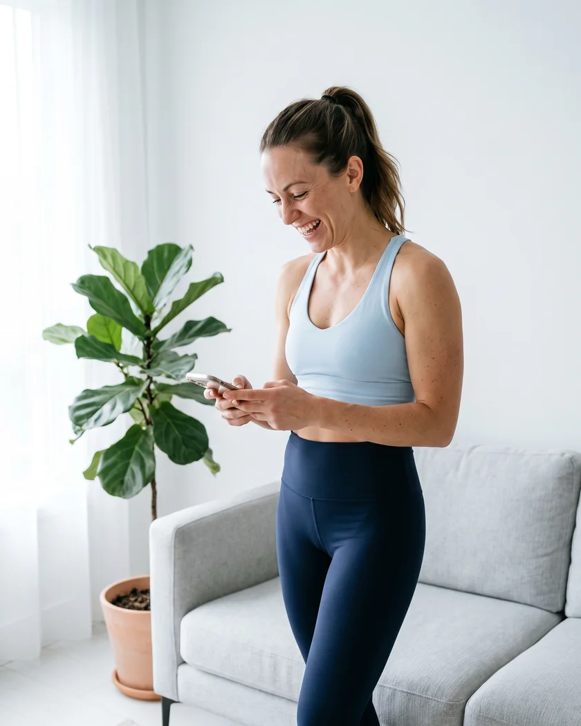 Fit woman in a sky-blue sports top laughing at her phone in a bright living room