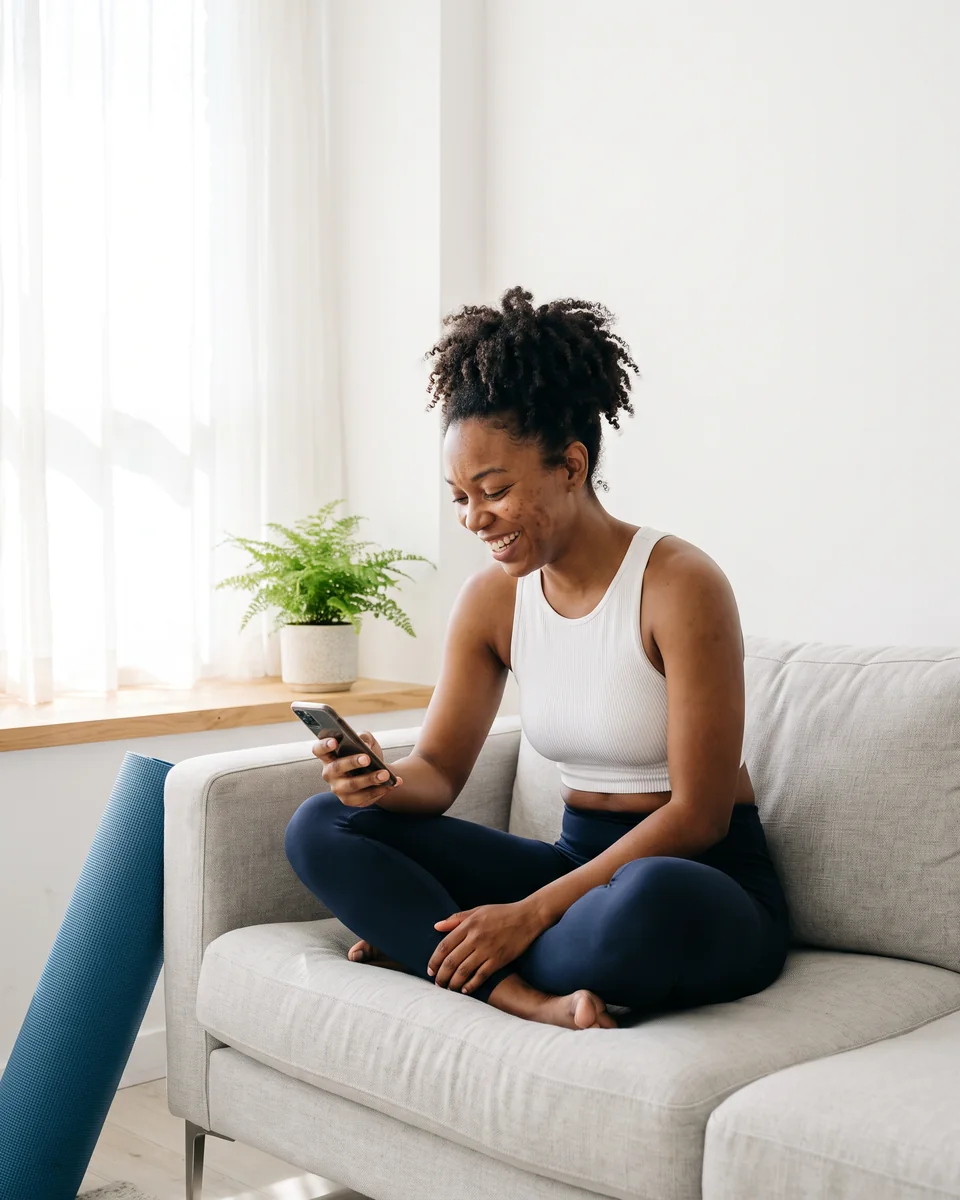Fit woman in athletic wear smiling at her phone on a sofa, yoga mat beside her