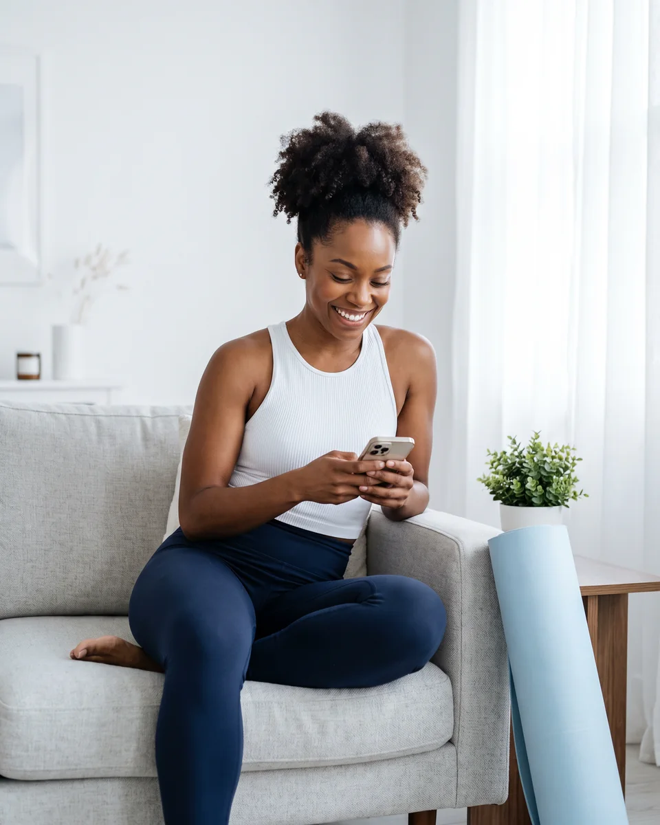 Mujer en forma y sonriente, con camiseta sin mangas blanca y leggings azul marino, leyendo un mensaje en su teléfono en un sofá, con un tapete de yoga a su lado